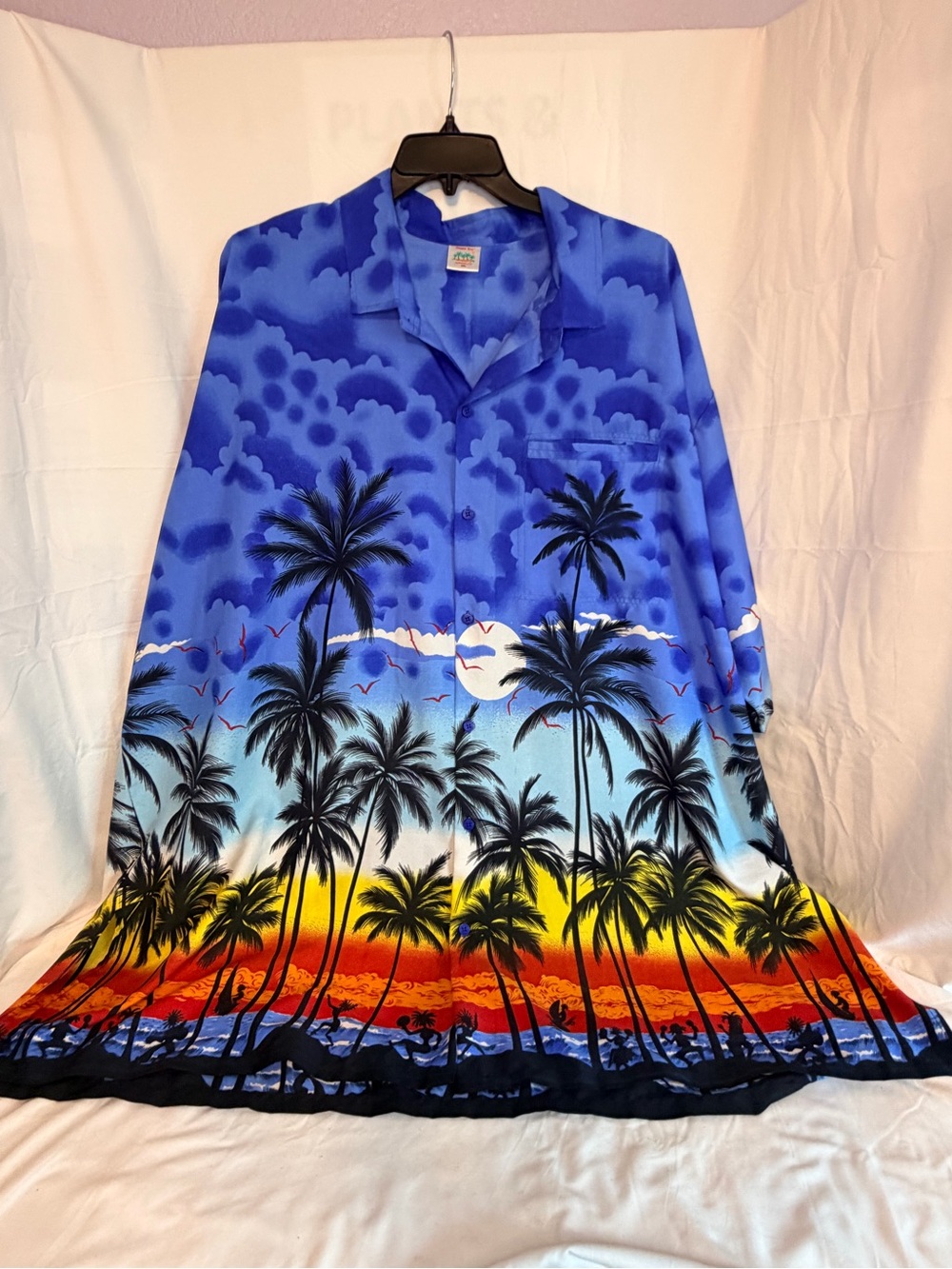 Happy Bay Royal Blue Tropical Sunset Palm Print Button-Up Shirt-4XL